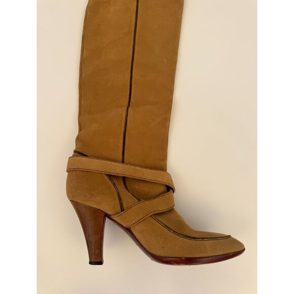 Vintage Celine Tan Knee-High Suede Heeled Boots With Strap & Buckle Detail - Picture 4 of 7